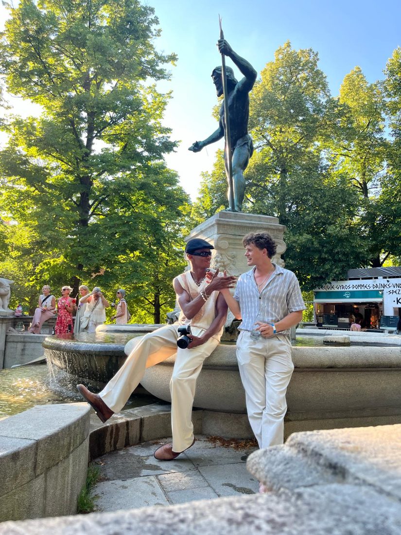 Bruno and a friend at a fountain in Munich